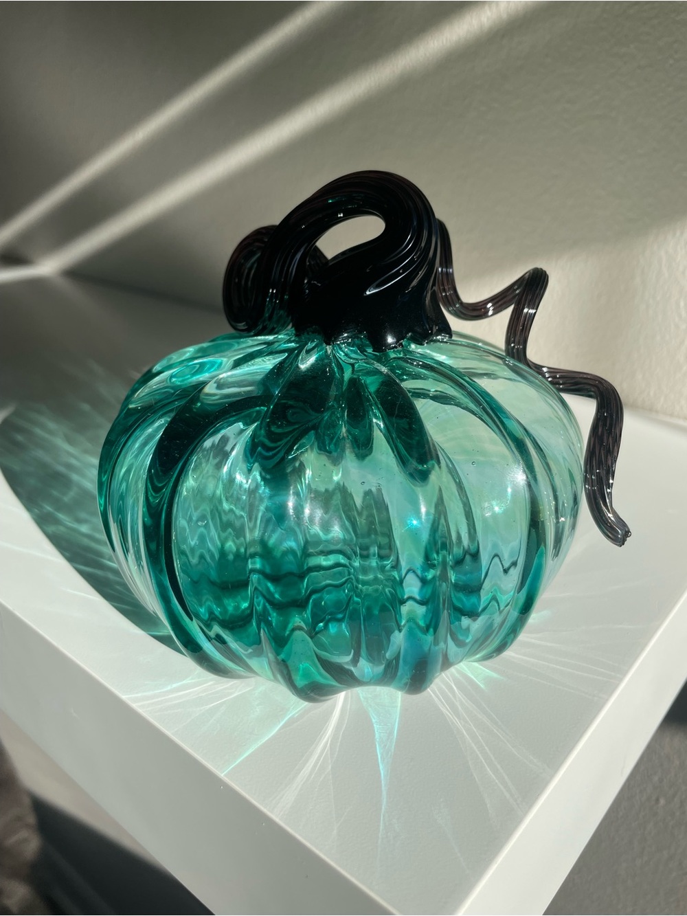 Teal Glass Pumpkin Sculpture with Dark Stem